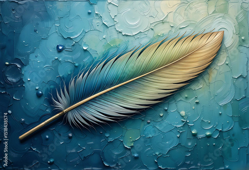 Single feather in oil paint texture with blue, green, and golden tones
