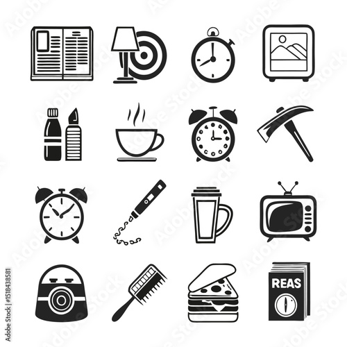 Daily Routine Icons A Collection of Simple Black and White Illustrations for Time Management, Work, and Leisure Activities