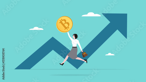 increase in the value of the bitcoin currency, Bitcoin and crypto price rising up, crypto currency value growth, happy businesswoman investors jumping while carrying bitcoin money with growth graph