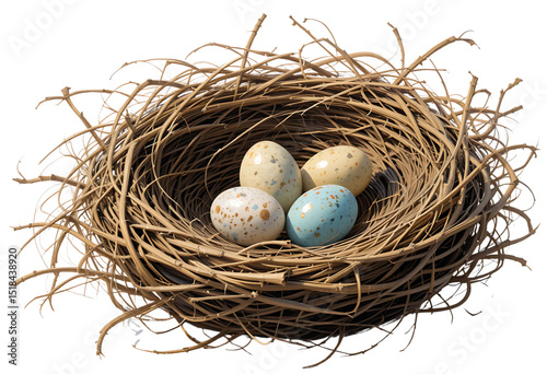 Bird’s nest with eggs in oil paint style, isolated on transparent background.
