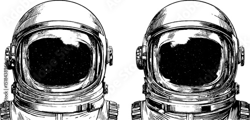 Astronaut visor reflection in engraved illustration set