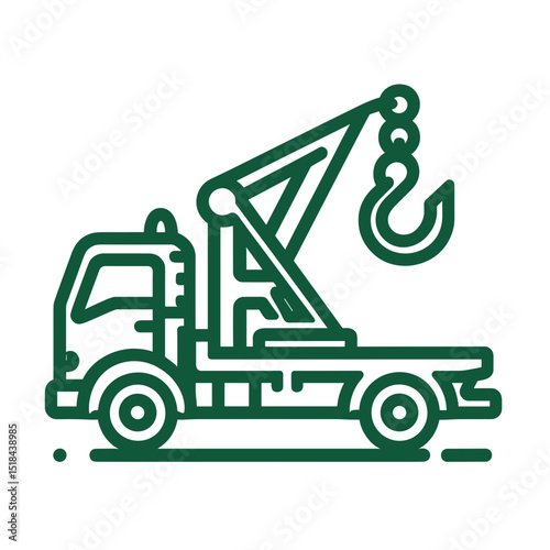Crane truck with lifting hook in simple outline style  on a transparent background