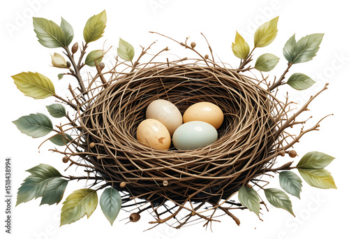 Bird’s nest with eggs in oil paint style, isolated on transparent background.
