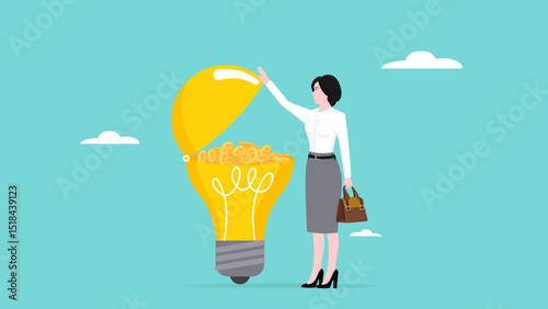 businesswoman opens the light bulb idea filled with gold coins, creative idea to earned money, knowledge or creativity for career success and financial freedom, strategy to achieve business success
