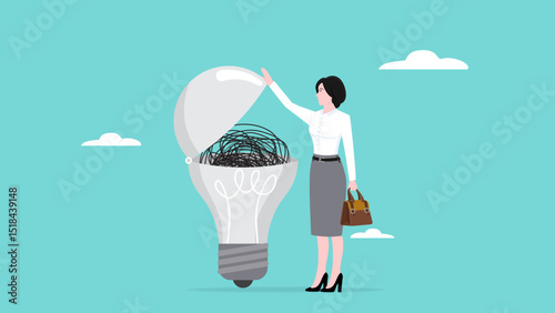 difficulty in solving problems, out of ideas concept, too many complicated thoughts, confused businessman opens the dead light bulb idea containing a coil of stress messy lines vector illustration