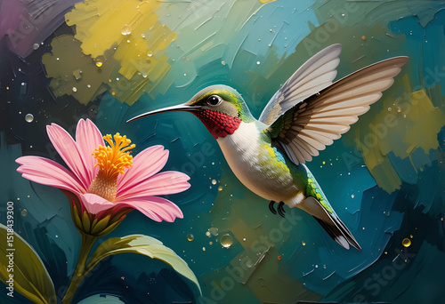 Oil paint style hummingbird hovering near a flower, vibrant brush textures and motion.
