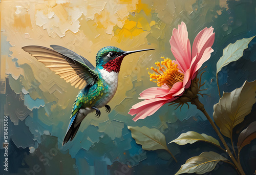 Oil paint style hummingbird hovering near a flower, vibrant brush textures and motion.
