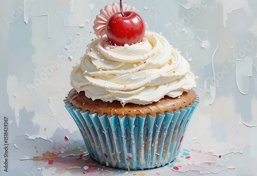 Oil-painted cupcake with whipped cream and cherry, soft pastel palette, isolated image.
