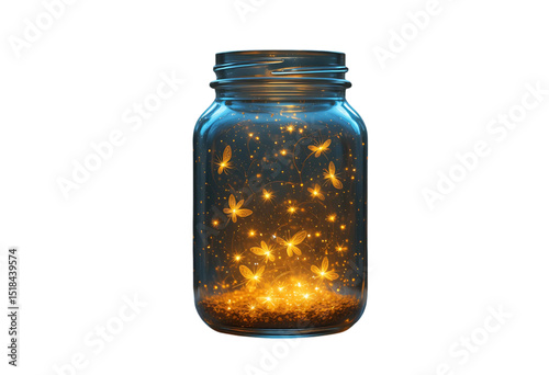 PNG of a glass jar with fireflies glowing inside, rendered in soft oil brush textures.
