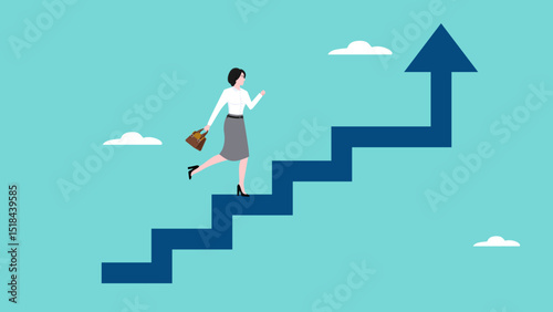 stairway to success, business progress step towards business targets with a strategy plan concept. journey job target action career illustration, businesswoman running up the stairs with growing graph