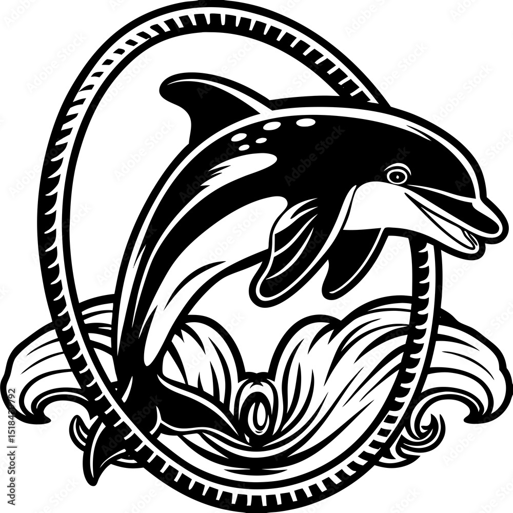 Naklejka premium Playful dolphin jumping through hoops vector illustration