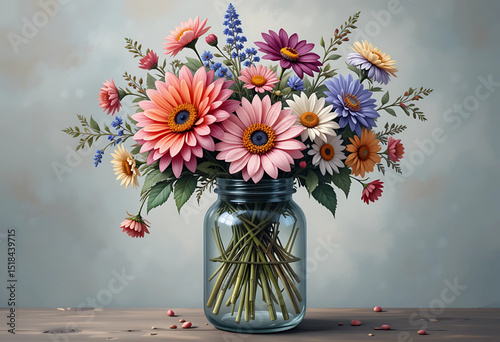 Oil paint style wildflower bouquet in mason jar, rich color contrasts, PNG vector.
