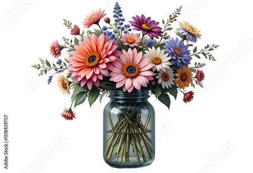 Oil paint style wildflower bouquet in mason jar, rich color contrasts, PNG vector.
