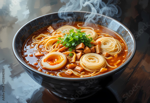 Oil paint PNG of a steaming bowl of ramen with rich colors and glossy textures.
