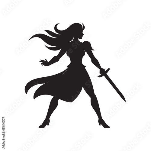 Warrior Woman Holding Sword In Battle Pose
