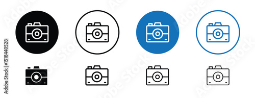 Set of 5 pixel perfect colored Camera icon with 1 unexpanded, 1 silhouette, Camera symbol representing photography, media, or content creation.
