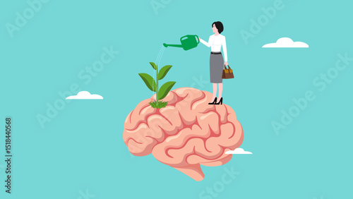 growing brain, growth mindset brain from education or training and experience, knowledge investment concept, happy businessman watering plants growing on human brain using watering can illustration