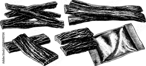 Vintage engraved beef jerky set for culinary art and packaging design