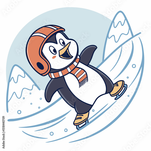 Fun penguin sliding on ice vector illustration