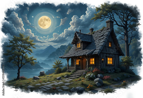 A cozy cottage under moonlight, with soft oil textures and glowing windows, transparent PNG.
