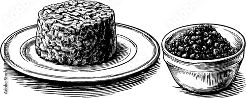 Vintage engraved illustration of beef tartare and tart dessert for culinary design