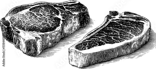 Engraved illustration of beef steak and ribeye cuts for culinary design
