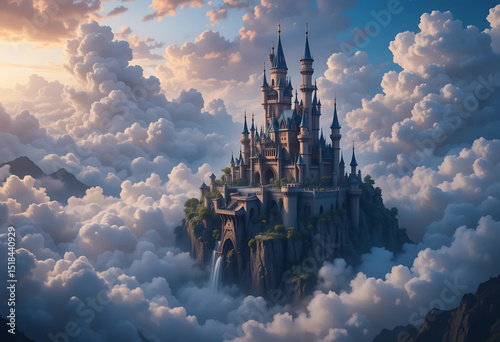 Fantasy castle floating in clouds, rendered with magical oil paint style and glowing highlights.
