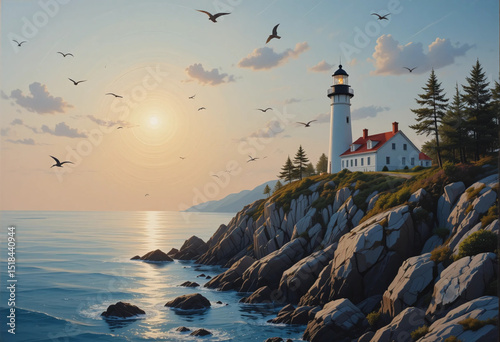 Oil-painted lighthouse on rocky cliffs during golden hour, subtle gradient sky.
