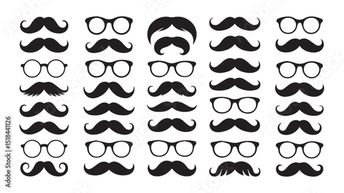 Vector set of mustaches and glasses icons in a stylish retro and hipster design