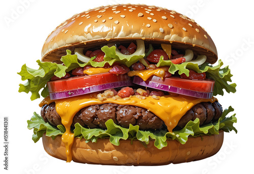 Realistic oil paint style burger with melting cheese and vibrant toppings on transparent background.
