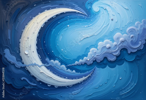 Minimalist oil-painted crescent moon with clouds in swirling blue and purple shades.
