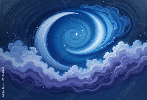 Minimalist oil-painted crescent moon with clouds in swirling blue and purple shades.
