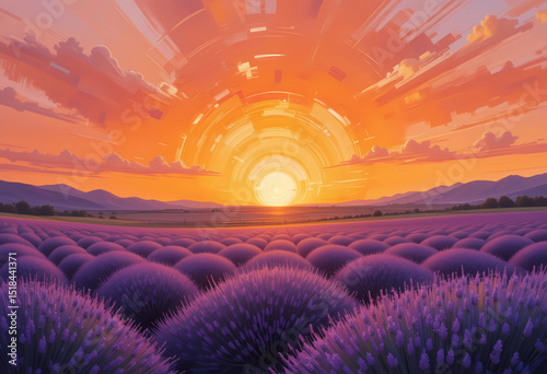 Sunset over a lavender field in thick oil strokes, bright orange sky and purple foreground.
