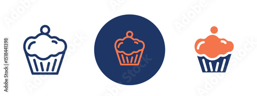 Set of 5 pixel perfect colored Cupcake icons with 1 unexpanded, 1 silhouette, Group of cupcake icons representing various desserts.