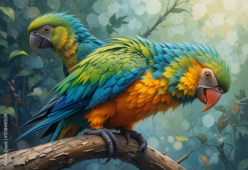 Vector of a colorful parrot perched on a branch, rendered in thick oil paint style.
