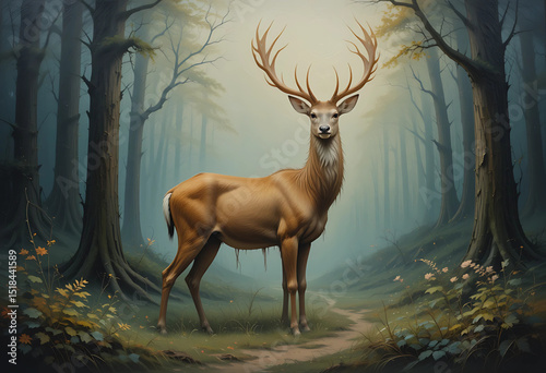 Elegant deer standing in a misty forest, painted with rich oil brush strokes.
