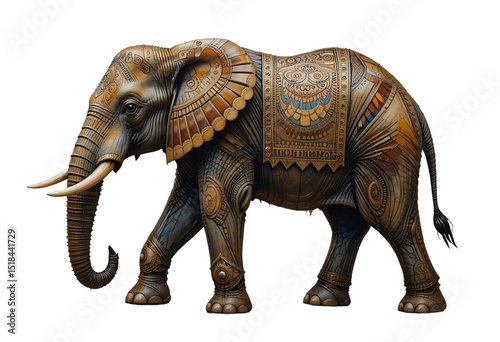 Oil-painted elephant with tribal patterns, textured in earthy tones on a transparent background.
