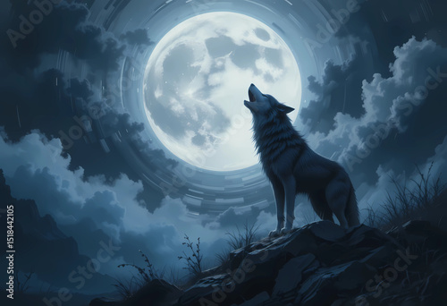 PNG of a wolf howling at a full moon, dramatic oil textures in grayscale and blue.
