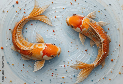 Oil-painted pair of koi fish swimming in a circular pattern, with vibrant orange and gold tones.
