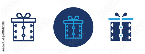 Set of 5 pixel perfect colored Gift Box icon with 1 unexpanded, 1 silhouette, Classic gift box icon used for birthday, holiday, or event themes.