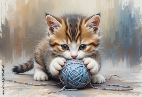 Cute kitten playing with a ball of yarn, detailed in oil brush textures on transparent background.

