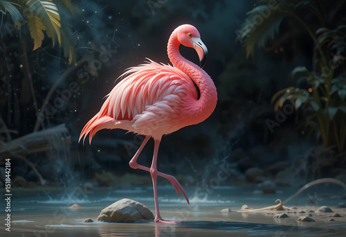Bright pink flamingo standing on one leg, oil-painted feathers with light reflections.
