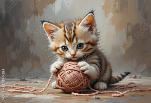 Cute kitten playing with a ball of yarn, detailed in oil brush textures on transparent background.
