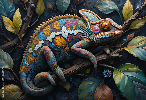 Chameleon blending into a leafy branch, stylized with vibrant oil paint patterns.
