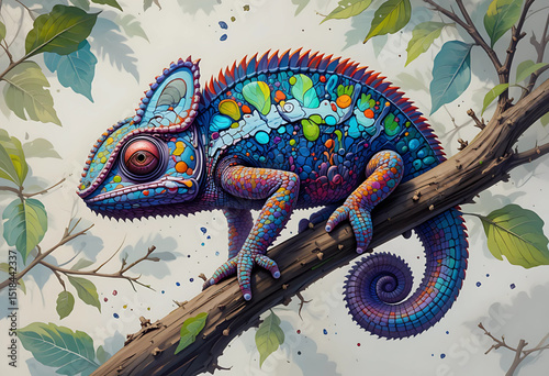 Chameleon blending into a leafy branch, stylized with vibrant oil paint patterns.
