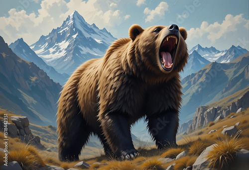 Roaring bear in a mountain background, deep earthy colors and rough oil brushwork.
