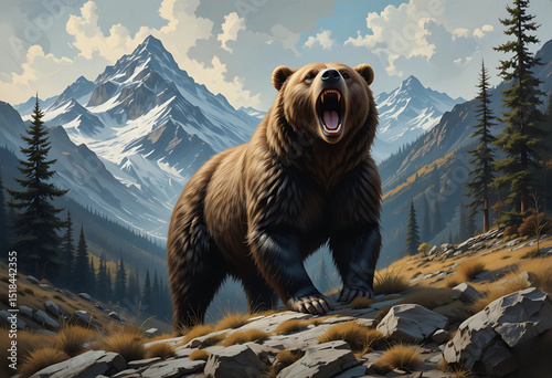 Roaring bear in a mountain background, deep earthy colors and rough oil brushwork.
