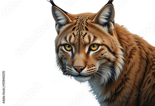 Oil-painted lynx with piercing yellow eyes, detailed fur strokes and mountain backdrop.
