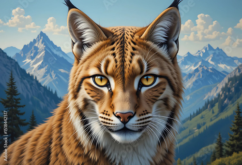 Oil-painted lynx with piercing yellow eyes, detailed fur strokes and mountain backdrop.
