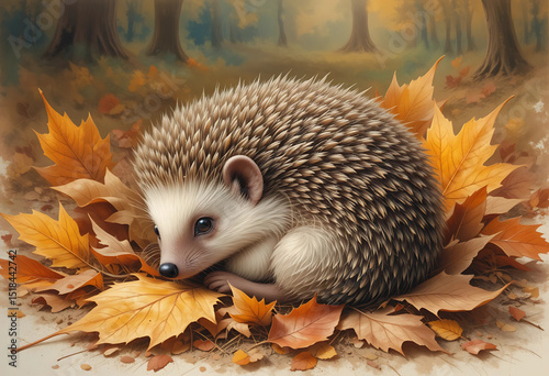 Cute hedgehog curled up in an autumn leaf bed, rendered in soft warm oil brushstrokes.
